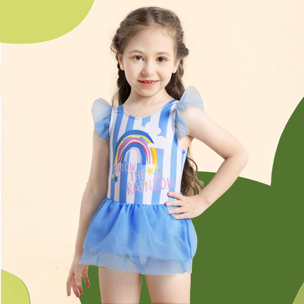 Striped Rainbow Pattern Dress Girls Swimwear