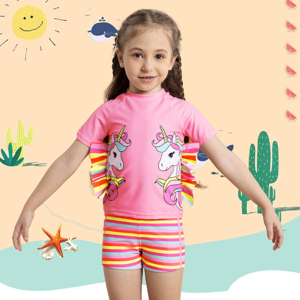 Unicorn Print Striped Girls Swimsuit