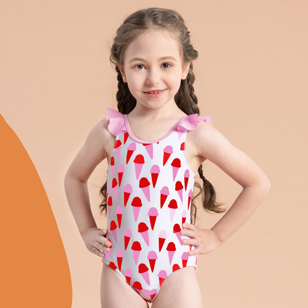 Ruffle Halter Ice Cream Print Girls Swimsuit