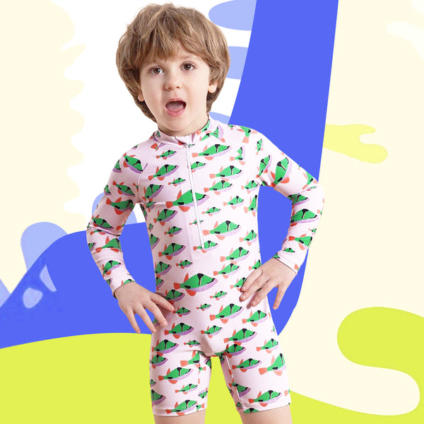 Long Sleeve Shark Print Boys Zip Swimsuit