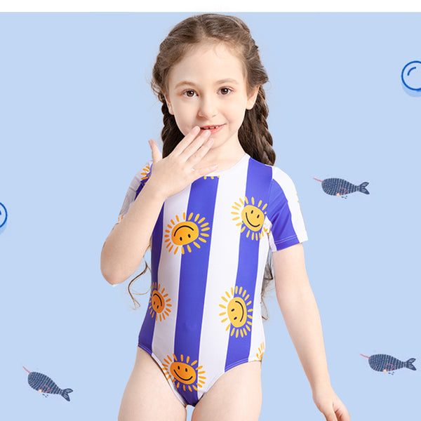 Striped Short Sleeve Sun Pattern Girls Swimsuit