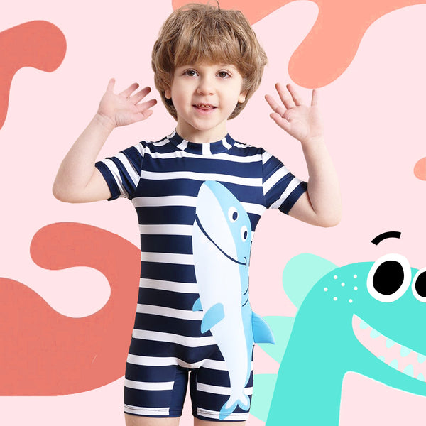 Striped Dolphin Print Short Sleeve Boys Swimsuit