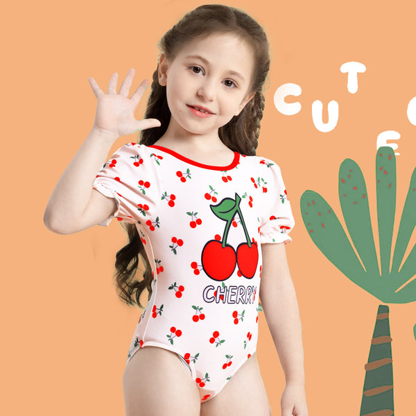 Cherry Print Short Sleeve Girls Swimsuit