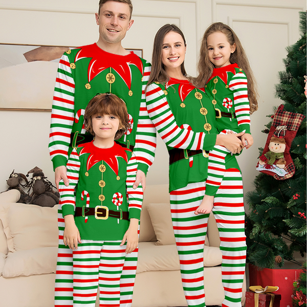 2024 3D Print Christmas Family Pajamas Red Green Striped Crutch Xmas Pajamas