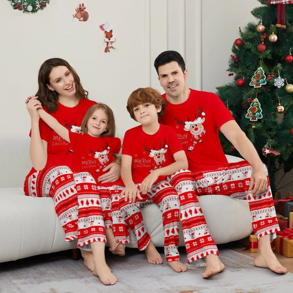 Fawn Printed Short Sleeve  Family Matching Christmas Pajamas Sets