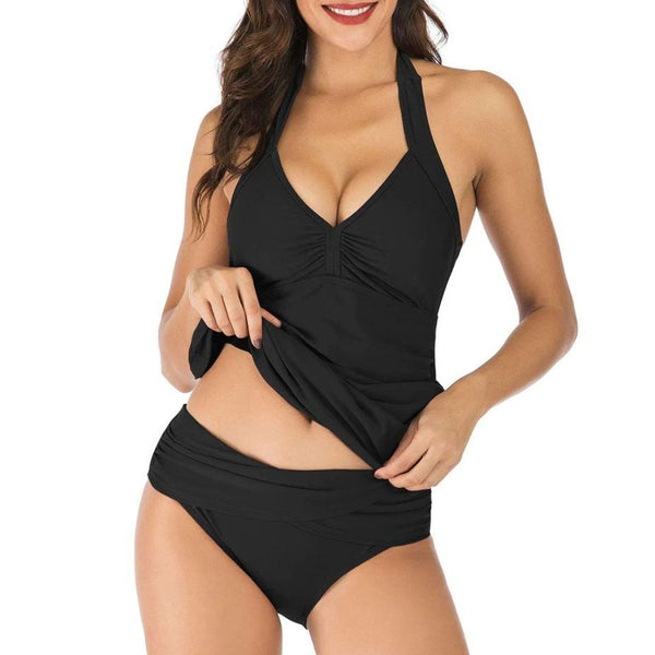 Women Two Pieces Ruched Halter Pull-On Tankini Swimsuits