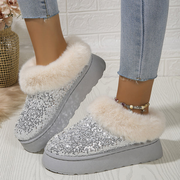 Women's Platform Flat Boots Glitter Sequin Fuzzy Slippers