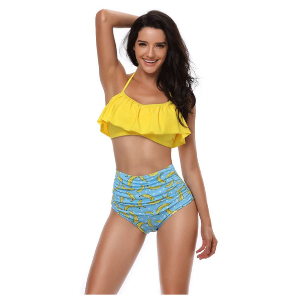 Ruffle Backless Halter Bikini High Waist Swimsuit Set