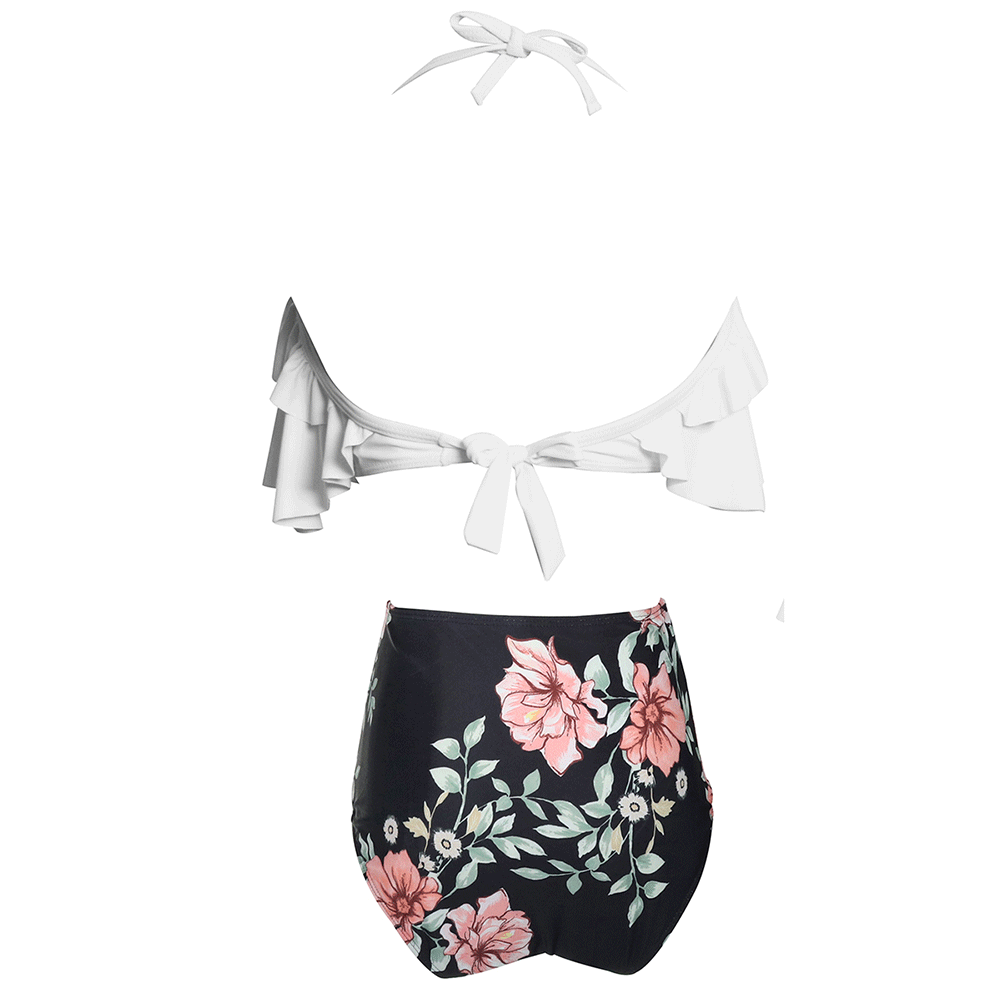 Ruffle Backless Halter Bikini High Waist Swimsuit Set