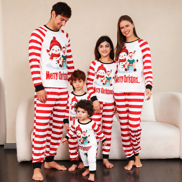 Christmas Striped Family Pajamas Set Snowman & Reindeer Cartoon Pattern