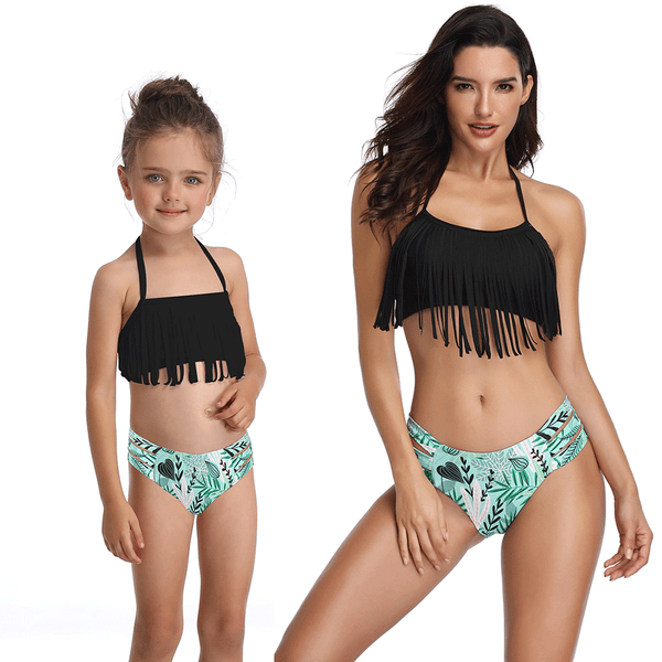Bandeau Tassels Backless Two Pieces Bikini Mommy and Me Swimsuits