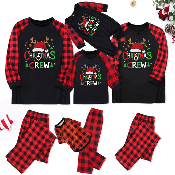 Christmas Crew parent-child plaid pajamas set with Christmas tree print