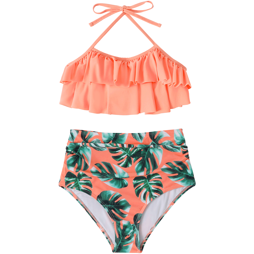 Ruffle Backless Halter Bikini High Waist Swimsuit Set