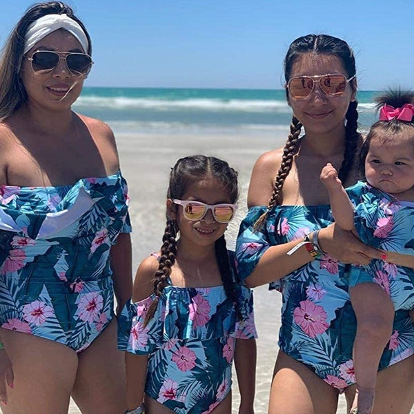 Family Matching Off Shoulder Floral Printed Ruffles Swimsuits