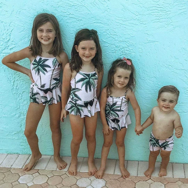 Family Matching V Neck Coconut Tree Printed Swimsuits