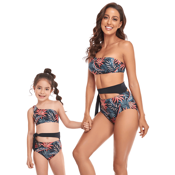 One-shoulder Top & Tropical High Waist Bikini Mommy and Me swimsuits