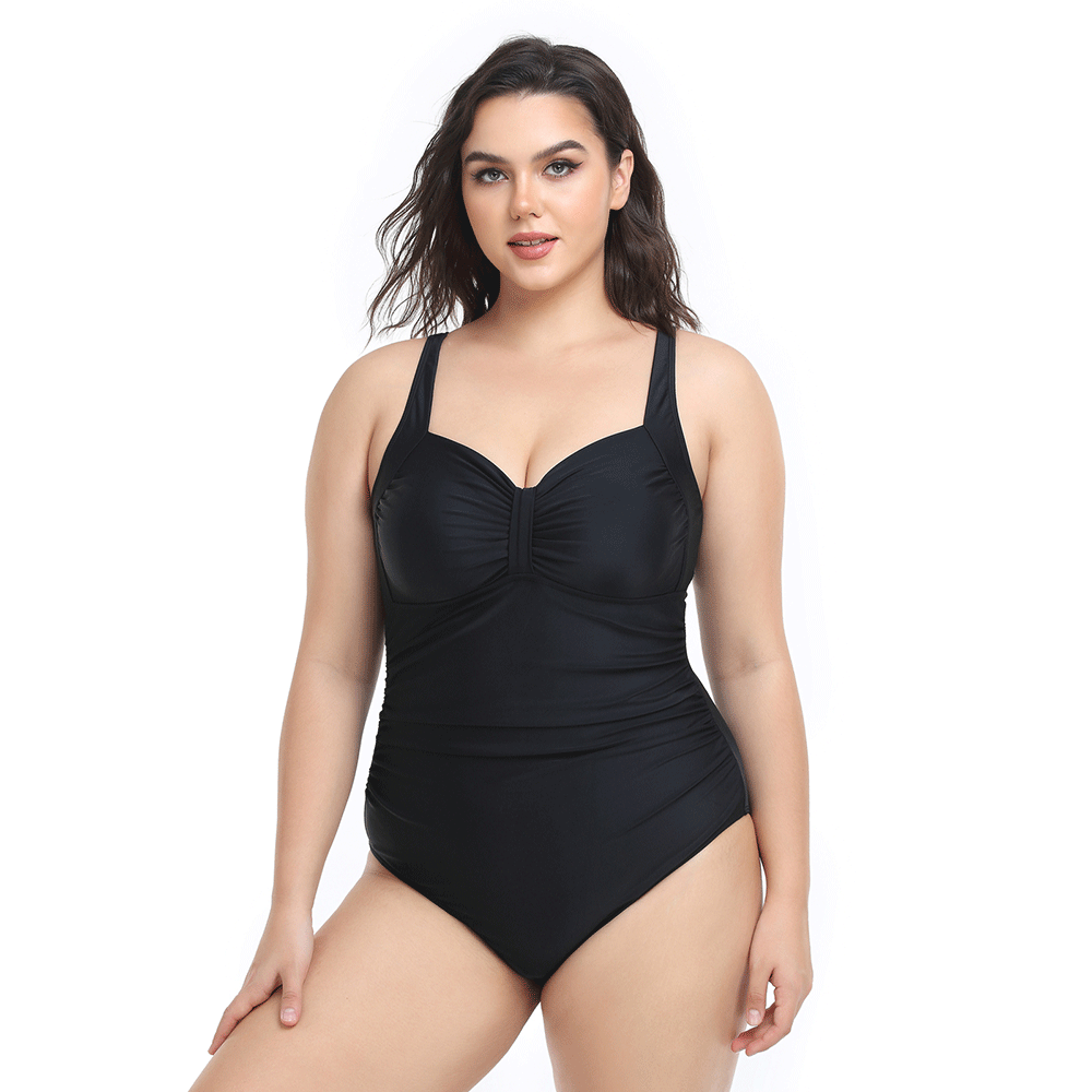 Plus Size Solid Tummy Black  One Piece Swimsuit