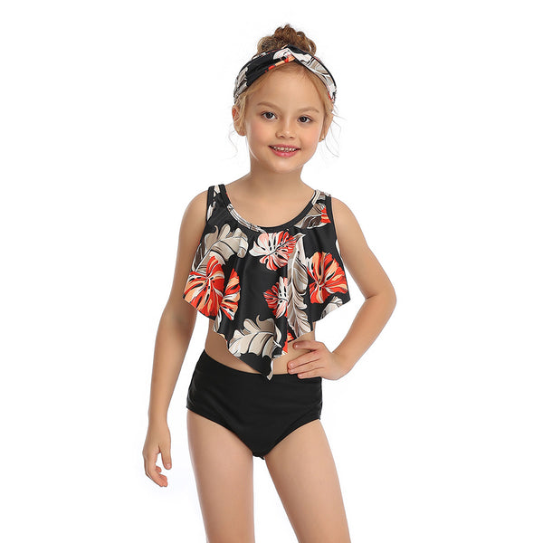 Regular Ruffled Two Pieces Tankini Girl Swimsuit