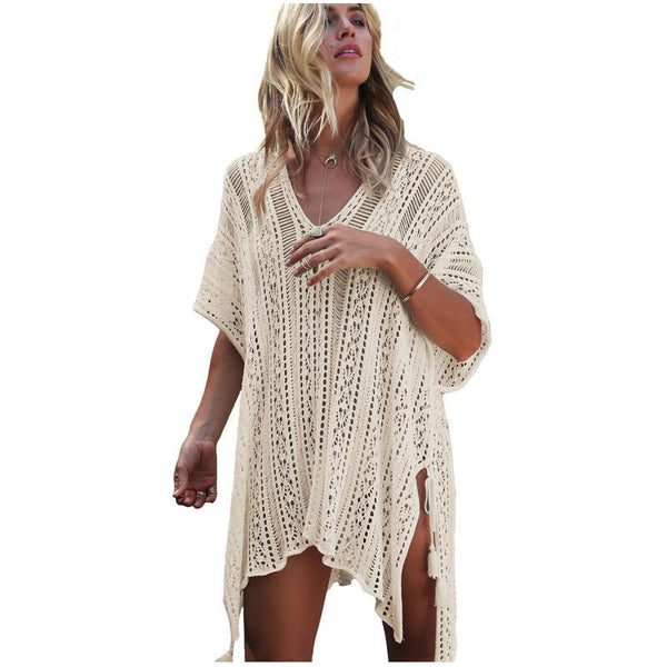 Crochet Cover Up V Neck Side Slit Loose Swimsuit Cover Ups