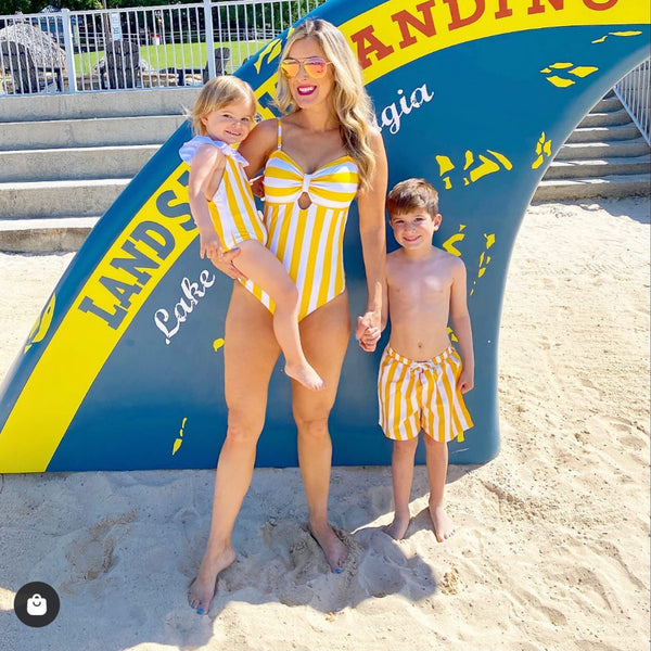 Family Matching One Piece Striped Hollow Out Monokini Swimsuits
