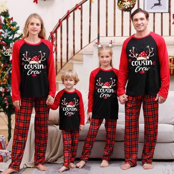 Cousin Crew parent-child black pajama set with Christmas hat print
